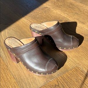 CHANEL - brown leather studded clog heels, size 38.5